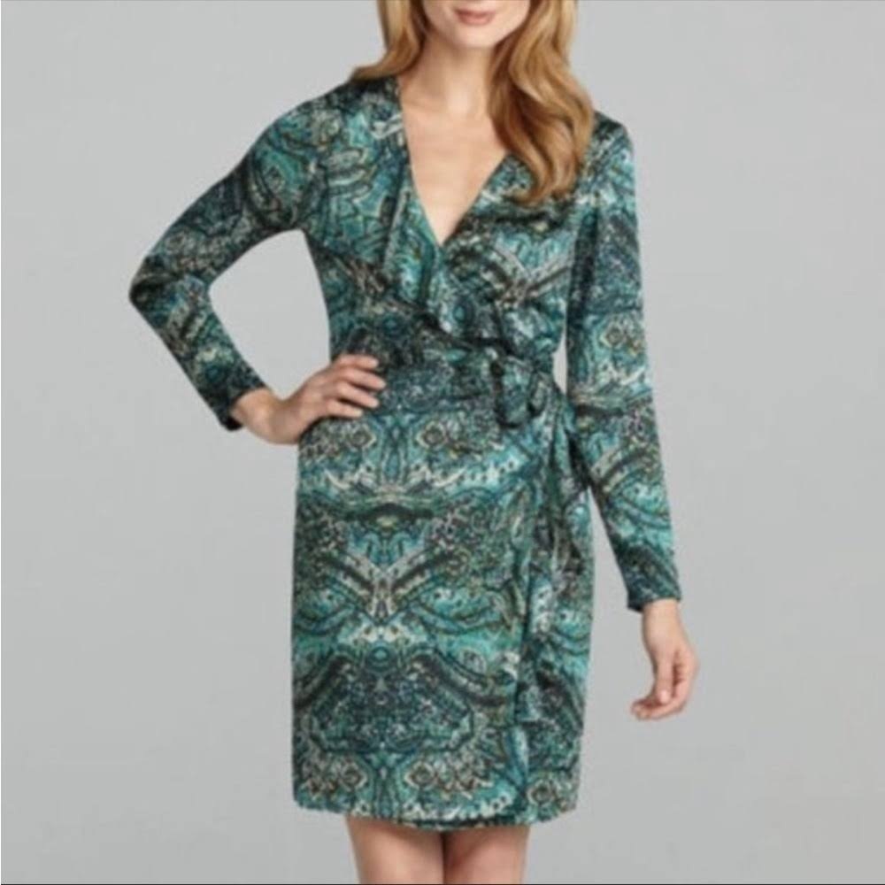 Antonio melani Bailey blue green genuine wrap dress w/ ruffle size 6 3/4 sleeve
